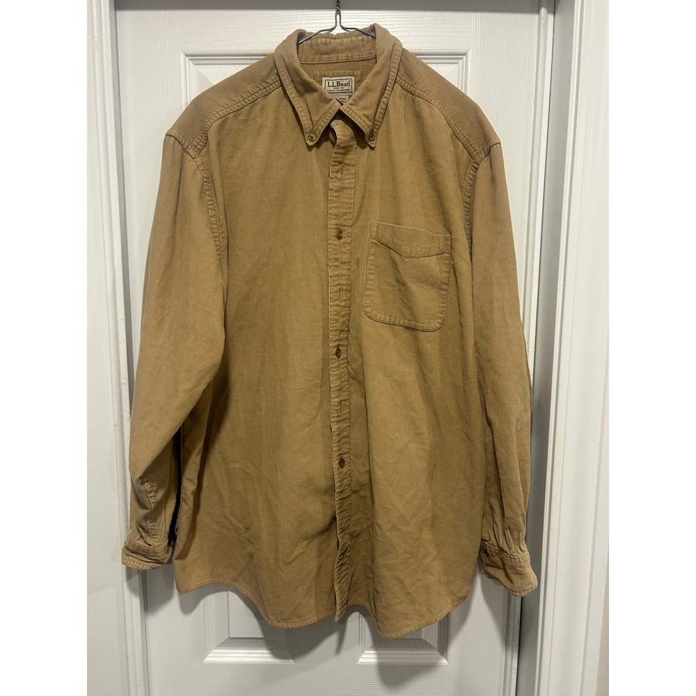 LL Bean Vintage Men's Corduroy Shirt‎ Tan Khaki Long Sleeve Button Down Large